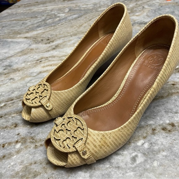 Tory Burch Mini Miller Open-Toe Wedge Shoes in trench tan women’s 8.5 - Picture 2 of 14